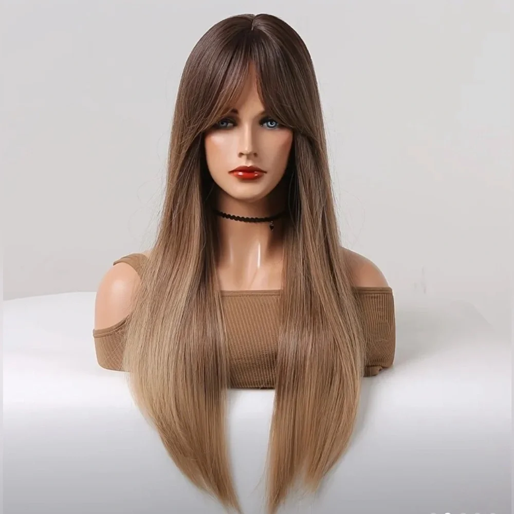 34 Inch balayage Brown & Ash Light Blonde Straig Long Wig  with Open Sid…